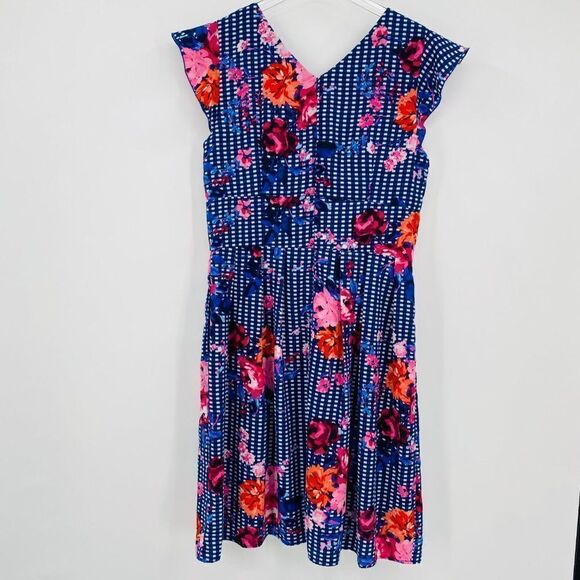 Chris McLaughlin Size 14 Navy Blue Checked Floral Flutter Sleeve Midi Dress - Picture 10 of 10